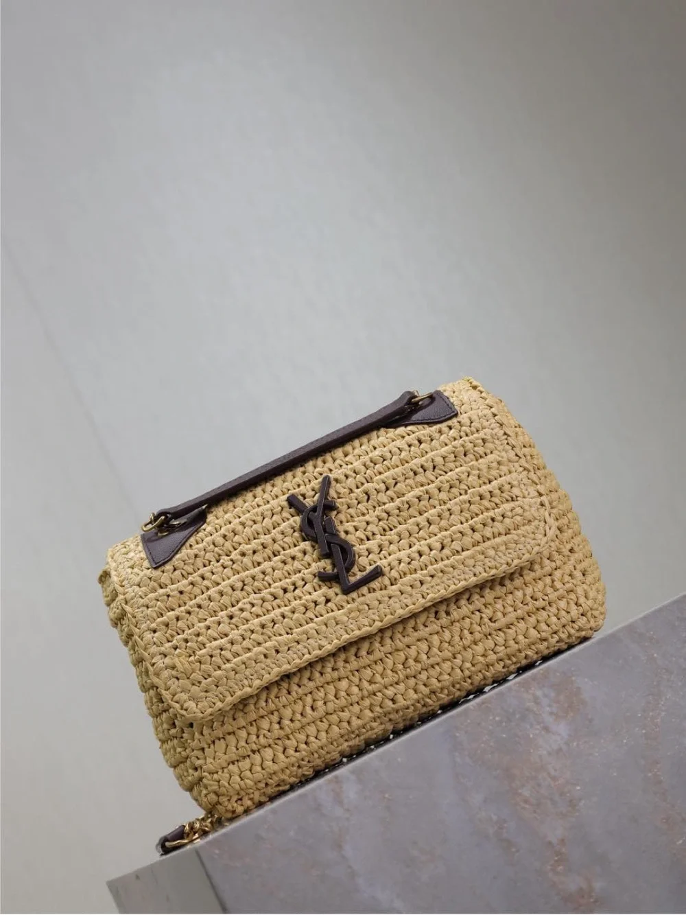 Saint Laurent Straw Crochet Shoulder Bag in Natural Beige with Dark Brown Trim